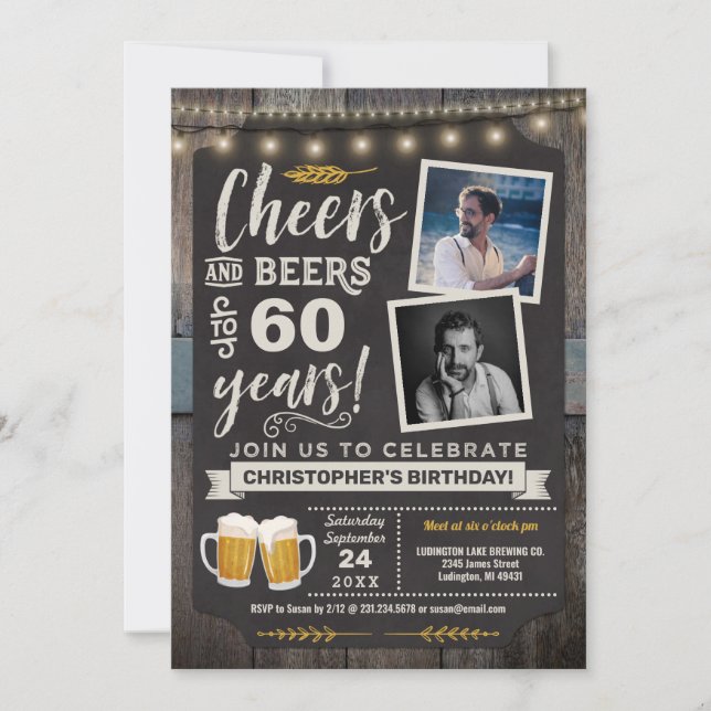 Photo Cheers and Beers 60th Birthday Invitation (Front)