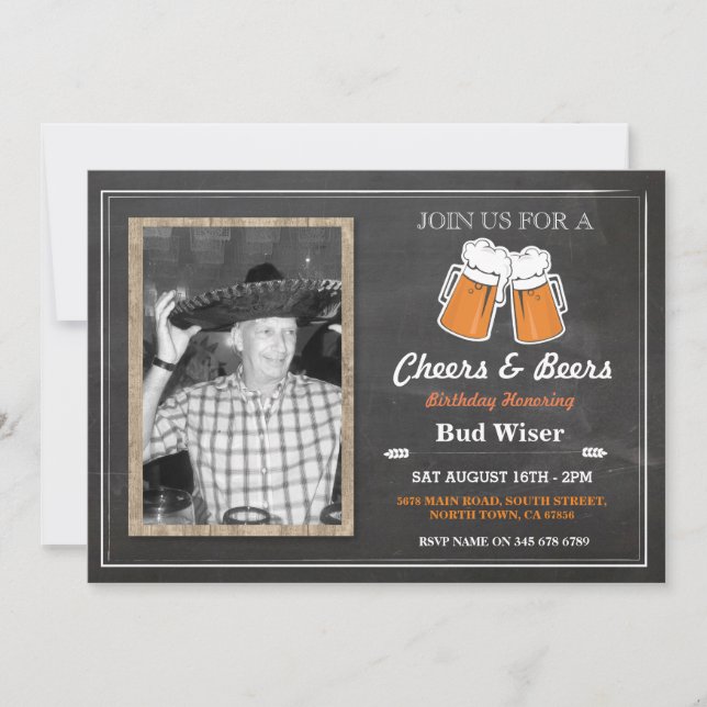 PHOTO CHEERS & BEERS Birthday Party Chalk Invite (Front)