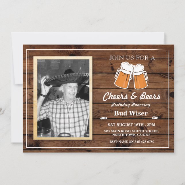PHOTO CHEERS & BEERS Birthday Party Wood Invite (Front)