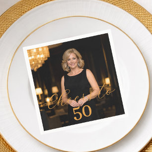 Photo cheers elegant script gold birthday napkins