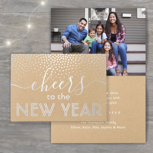 Photo Cheers to the New Year Script Kraft  Silver Foil Card