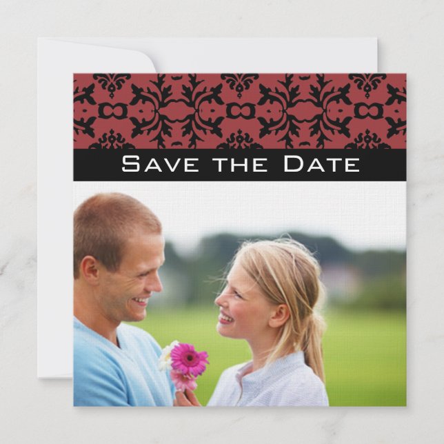 Photo Cherry & Black Damask Wedding Save the Date Invitation (Front)