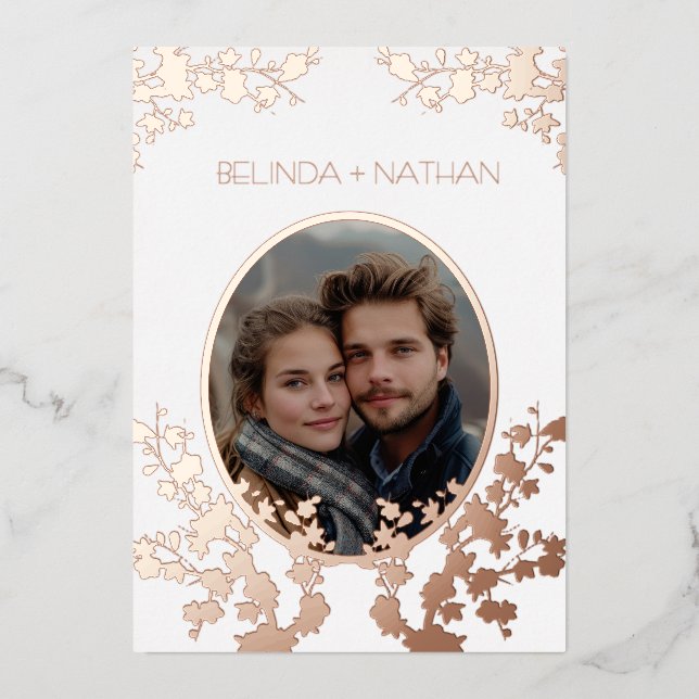 Photo Cherry Blossom  Rose Gold White Foil Invitation (Front)