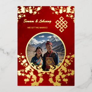 Photo Cherry Blossom Tibetan Wedding Foil Invitation