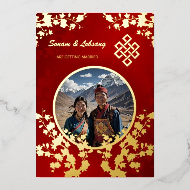 Photo Cherry Blossom Tibetan Wedding Foil Invitation (Front)