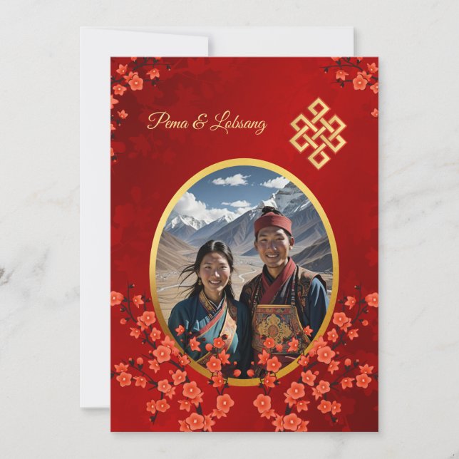Photo Cherry Blossom Tibetan Wedding Invitation (Front)