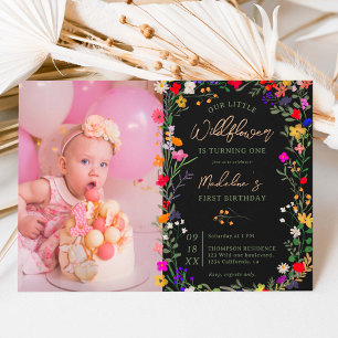 Photo chic boho bright wild flowers 1st birthday invitation