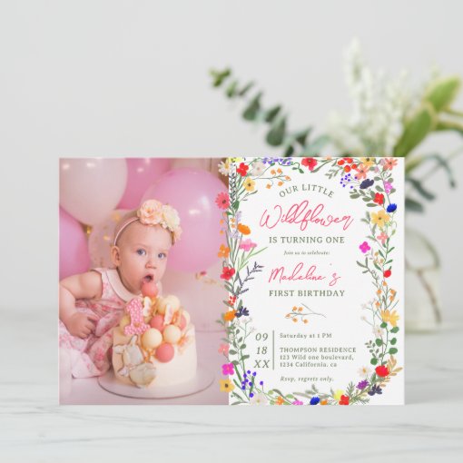 Photo chic boho bright wild flowers 1st birthday invitation | Zazzle