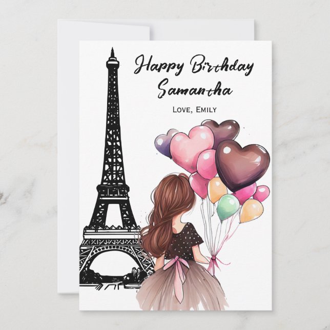 Photo Chic Eiffel Tower, Heart Balloons Birthday Card (Front)