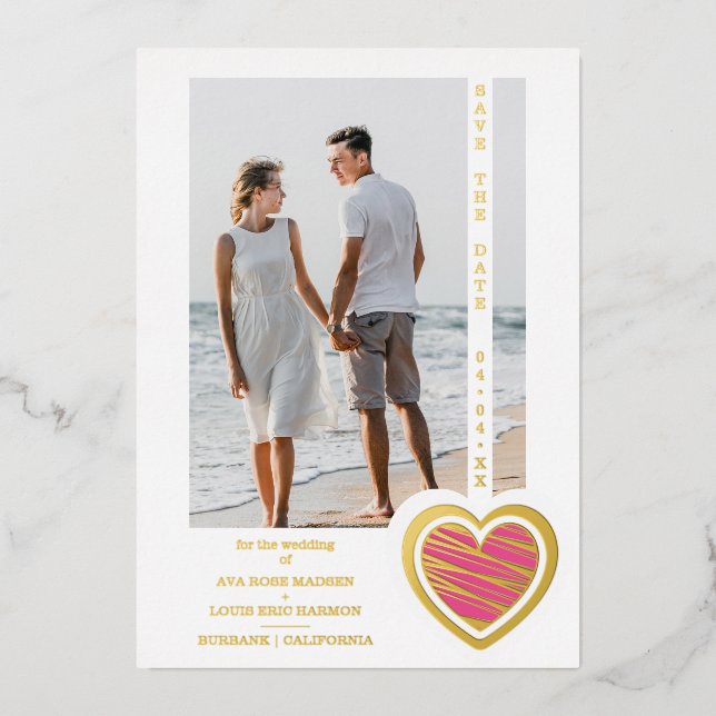 Photo Chic Elegant Hot Pink & Golden Heart Couple Foil Invitation (Front)