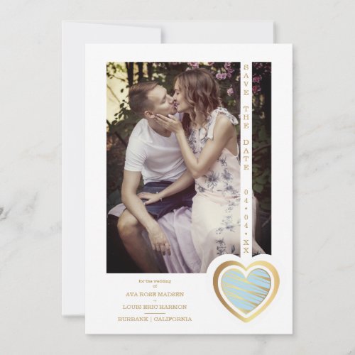 Photo Chic Elegant Light Blue  Gold Effect Heart  Save The Date