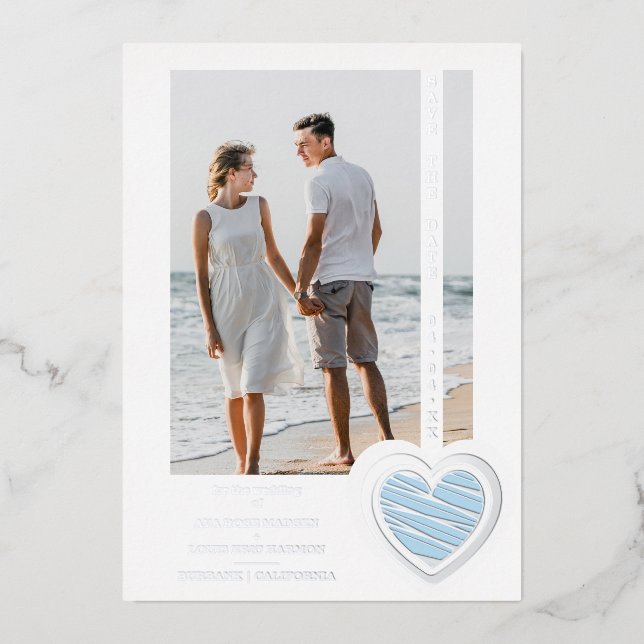 Photo Chic Elegant Light Blue & Silver Heart Real Foil Invitation (Front)