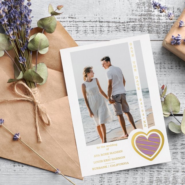 Photo Chic Elegant Lilac & Golden Heart Couple Foil Invitation (Creator Uploaded)