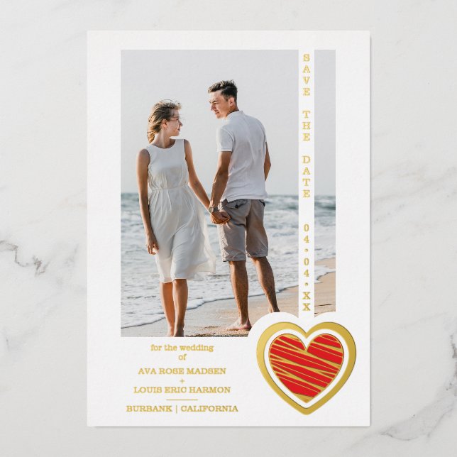 Photo Chic Elegant Red & Golden Heart Couple Foil Invitation (Front)