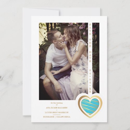 Photo Chic Elegant Turquoise  Gold Heart  Save The Date