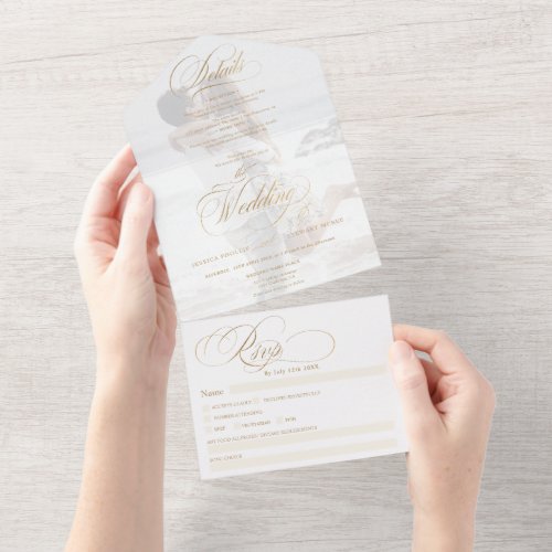 Photo chic gold elegant calligraphy wedding all in one invitation - Chic faux gold foil elegant classic call in one calligraphy wedding invitation with rsvp, accommodations, details, and more info. With a beautiful brush calligraphy script, add your photo.