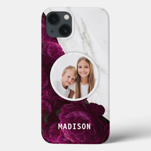 Photo Chic Modern Purple Floral Marble Custom Name iPhone 13 Case