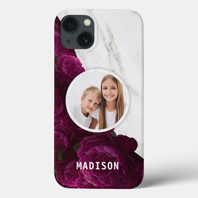 Photo Chic Modern Purple Floral Marble Custom Name Case-Mate iPhone Case (Back)