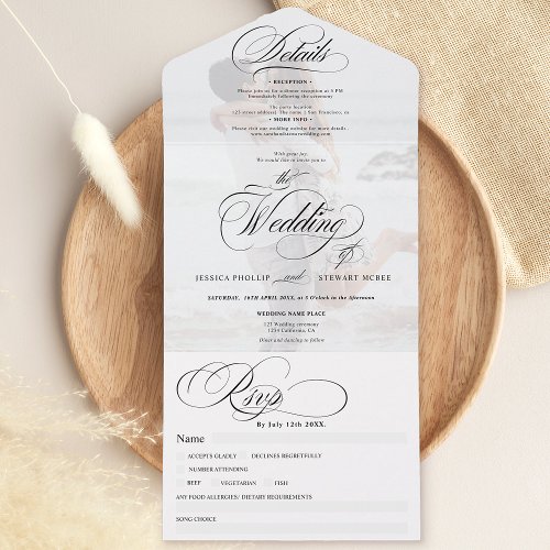 Photo chic simple elegant calligraphy wedding all in one invitation