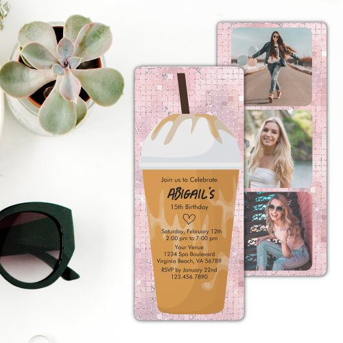 Photo Chic Trendy Glam Pink Iced Coffee Birthday Invitation