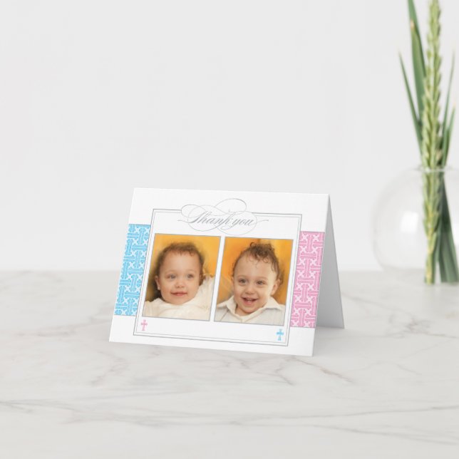 Photo Christening Thank You Card  |  Twins (Front)