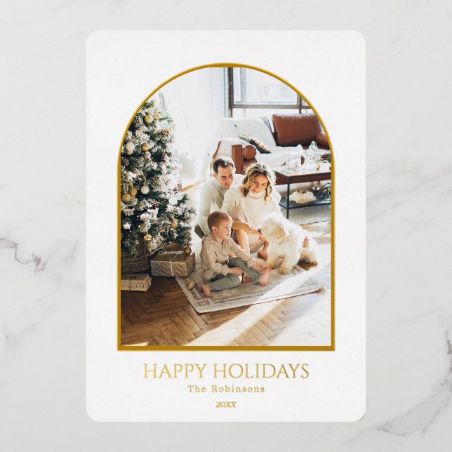 Photo Christmas Arch Script Minimalist Foil Card (Front)