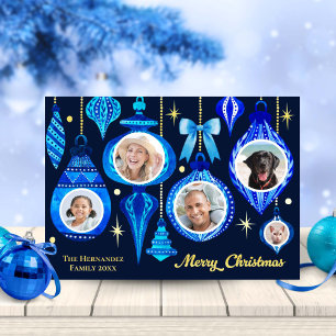 Photo Christmas Bauble Navy Blue Watercolor Family Foil Holiday Card