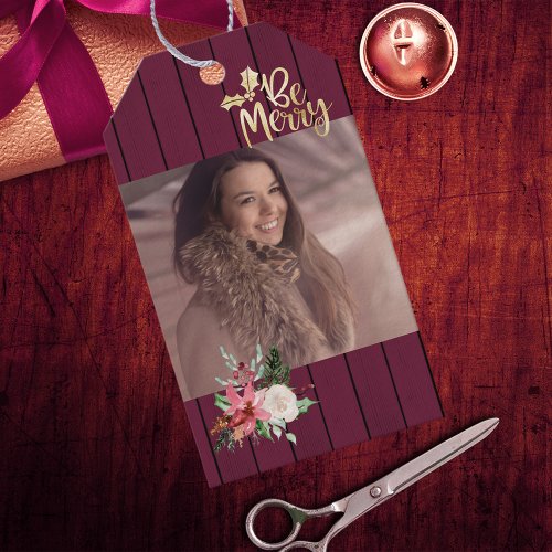 Photo Christmas Be Merry Dark Red Wood Gift Tags