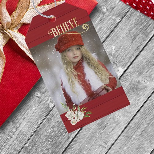 Photo Christmas Believe Bright Red Wood Gift Tags