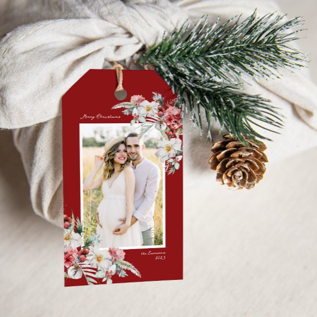 Photo Christmas Botanical Gift Tag (Holiday Red Photo Merry Christmas Gift Tag With Message Watercolor Berries Floral Boho Chic)