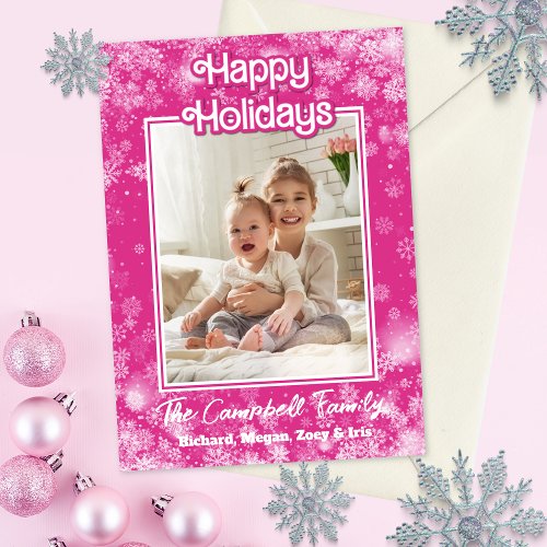 Photo Christmas Card  Hot Pink  Whimsical Flakes