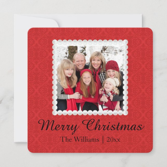 Photo Christmas card | Red Damask Merry Christmas (Front)