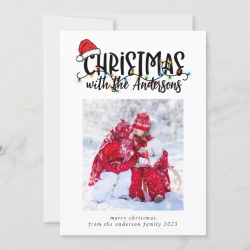 Photo Christmas Card Santa Hat String Lights