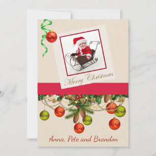 Photo Christmas Card with Sleigh and Greens