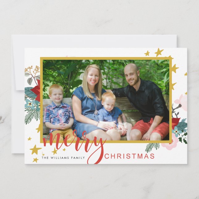 Photo Christmas Cards Red and Gold Calligraphy (Front)