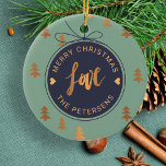 PHOTO Christmas Decor Joy Love Navy Sage Custom Ceramic Ornament<br><div class="desc">Seasonal Christmas tree decorations and pine trees pattern over a dark midnight navy blue and sage green background making a beautiful family keepsake ornament with "joy"and "love" trendy calligraphy script. Personalize it with your photo inside a big globe ornament and with your name / text! It can make a thoughtful...</div>