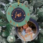 PHOTO Christmas Decor Joy Love Navy Sage Custom Ceramic Ornament<br><div class="desc">Seasonal Christmas tree decorations and pine trees pattern over a dark midnight navy blue and sage green background making a beautiful family keepsake ornament with "joy"and "love" trendy calligraphy script. Personalize it with your photo inside a big globe ornament and with your name / text! It can make a thoughtful...</div>