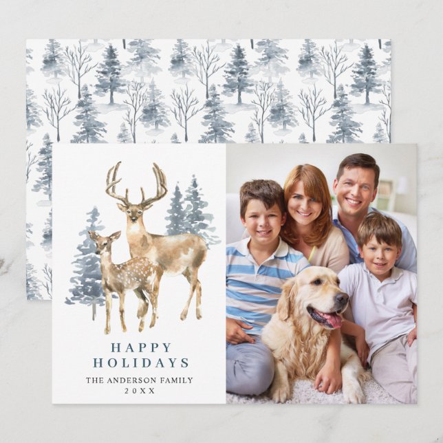 PHOTO Christmas Elegant Deer Pine Tree Holiday Card (Front/Back)