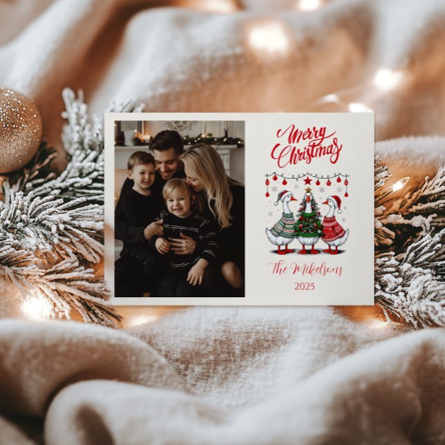 Photo Christmas Geese in Cozy Sweaters Holiday Card (Creator Uploaded)