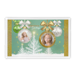 Photo Christmas Gold White Bauble Snow Tree Acrylic Tray