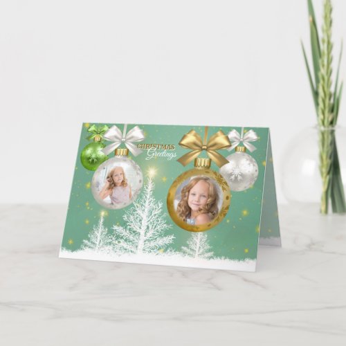 Photo Christmas Gold White Bauble Snow Tree Card