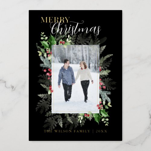 Photo Christmas Greenery Greeting Black Foil Holiday Card