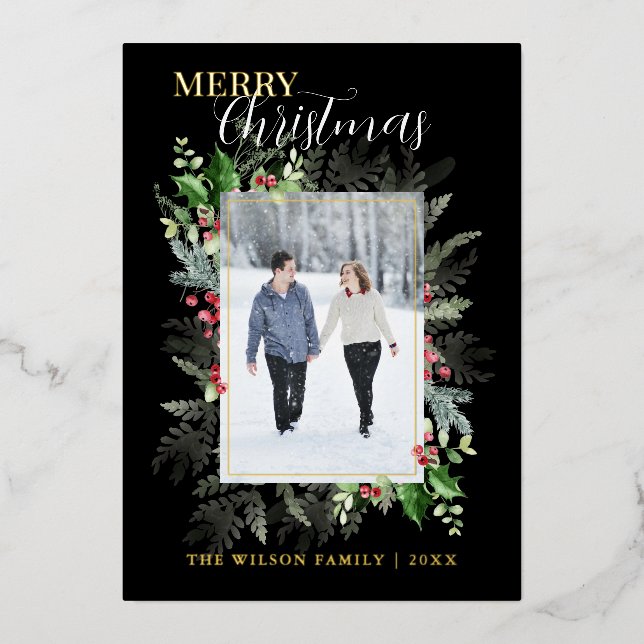 Photo Christmas Greenery Greeting Black Foil Holiday Card (Front)