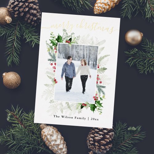 Photo Christmas Greenery Greeting  Foil Holiday Card