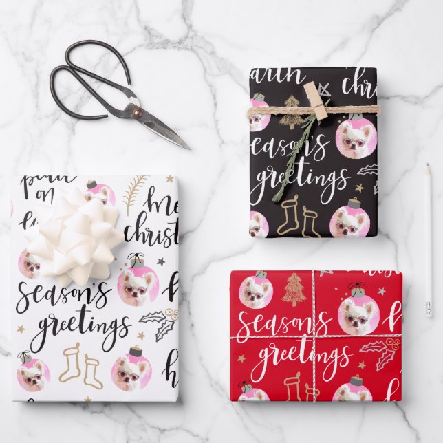 Photo Christmas Holiday Phrases Variety Pack Wrapping Paper Sheets (Front)