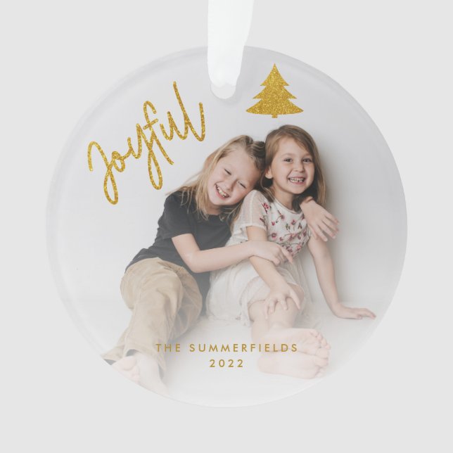 Photo Christmas Holiday Script Joyful Ornament (Front)