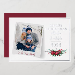 Photo Christmas Holidays Script Botanical Silver Foil Holiday Card