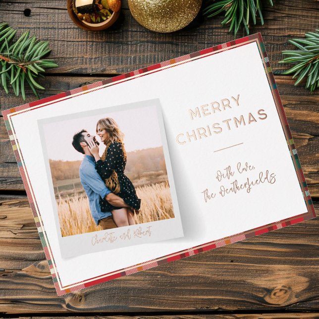 Photo Christmas Holidays Script Botanical Silver Foil Holiday Card (Christmas Photo Family Red Plaid Rose Gold Foil Greetings)