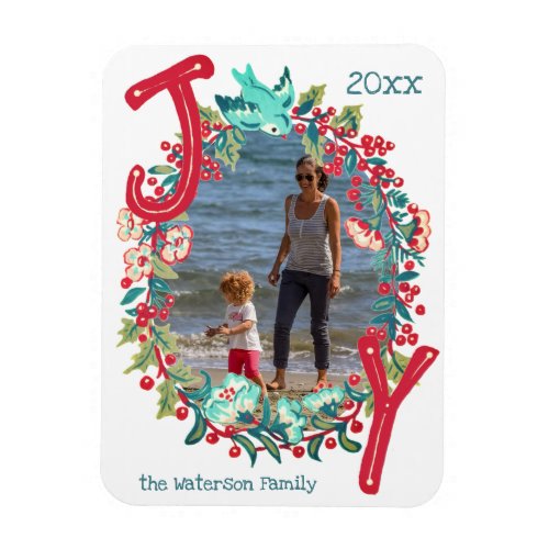 Photo Christmas Joy Holiday Floral Bird Wreath Magnet