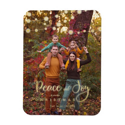 Photo Christmas Lights Peace Joy Whimsical Script Magnet